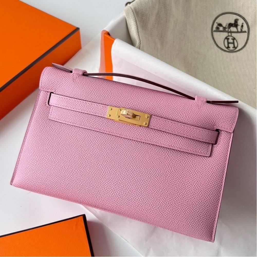 Hermes Kelly Pochette Handmade Bag In Mauve Sylvestre Epsom Calfskin LDBS242603