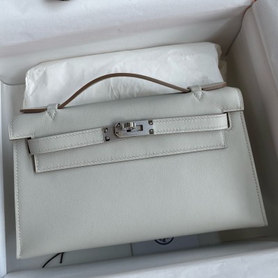 Hermes Kelly Pochette Handmade Bag In Pearl Grey Swift Calfskin LDBS242605