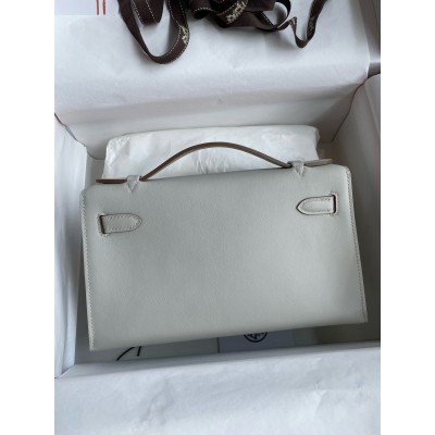 Hermes Kelly Pochette Handmade Bag In Pearl Grey Swift Calfskin LDBS242605