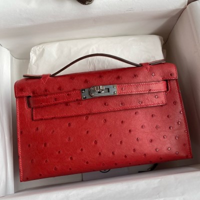 Hermes Kelly Pochette Handmade Bag In Red Ostrich Leather LDBS242606