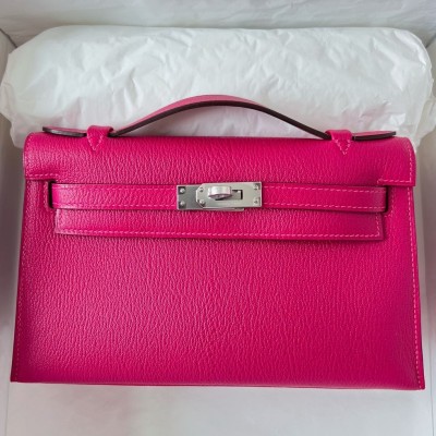 Hermes Kelly Pochette Handmade Bag In Rose Mexico Chevre Mysore Leather LDBS242609