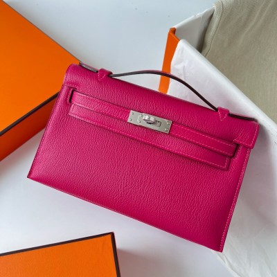 Hermes Kelly Pochette Handmade Bag In Rose Mexico Chevre Mysore Leather LDBS242609