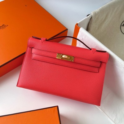 Hermes Kelly Pochette Handmade Bag In Rose Texas Epsom Calfskin LDBS242611