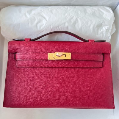 Hermes Kelly Pochette Handmade Bag In Rouge Grenat Epsom Calfskin LDBS242612