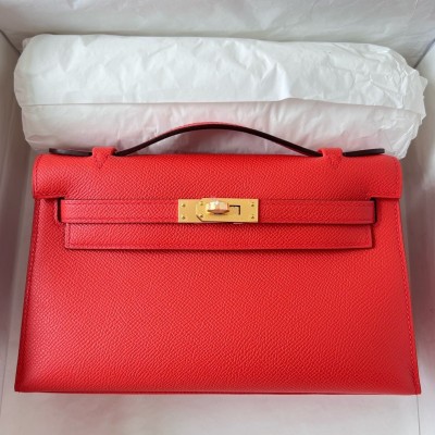 Hermes Kelly Pochette Handmade Bag In Rouge Piment Epsom Calfskin LDBS242613