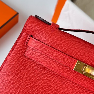 Hermes Kelly Pochette Handmade Bag In Rouge Piment Epsom Calfskin LDBS242613