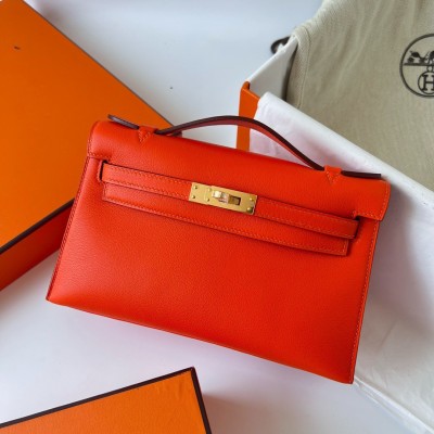 Hermes Kelly Pochette Handmade Bag In Rouge Piment Swift Calfskin LDBS242614