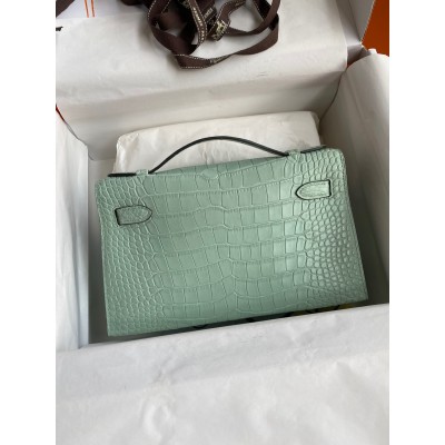 Hermes Kelly Pochette Handmade Bag In Vert D'eau Matte Alligator Leather LDBS242617