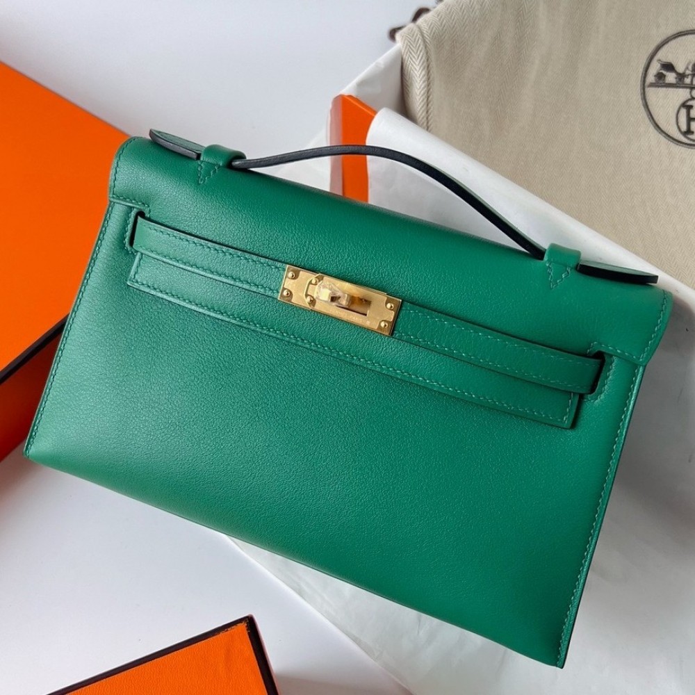 Hermes Kelly Pochette Handmade Bag In Vert Vertigo Swift Calfskin LDBS242620