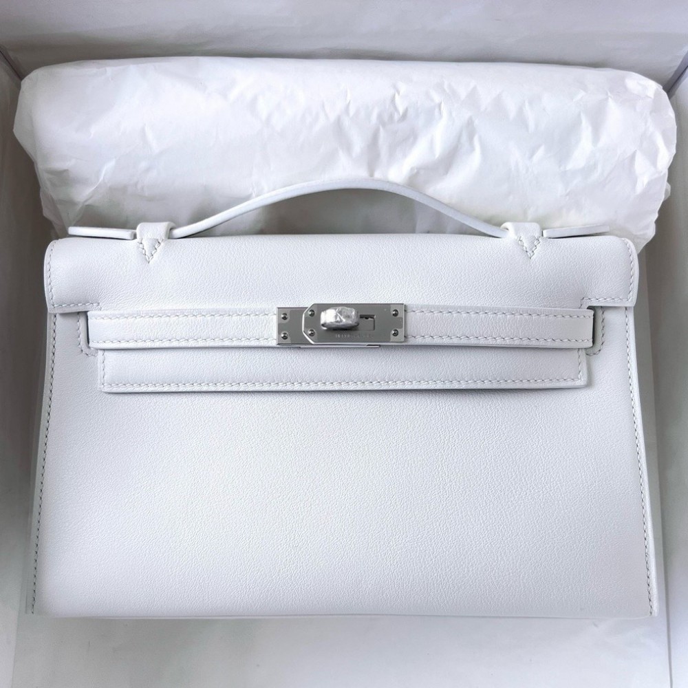 Hermes Kelly Pochette Handmade Bag In White Swift Calfskin LDBS242621