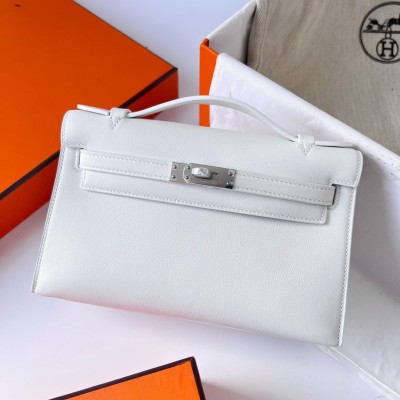 Hermes Kelly Pochette Handmade Bag In White Swift Calfskin LDBS242621