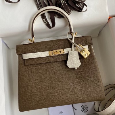 Hermes Kelly Retourne 25 Bicolor Bag in Taupe and Craie Clemence Calfskin LDBS242622