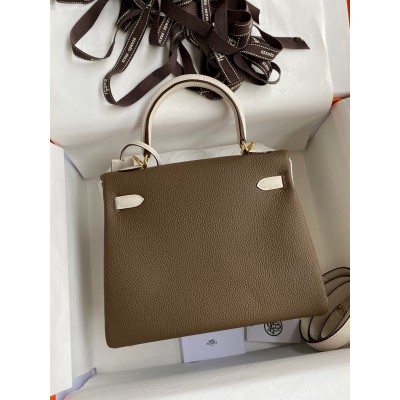 Hermes Kelly Retourne 25 Bicolor Bag in Taupe and Craie Clemence Calfskin LDBS242622