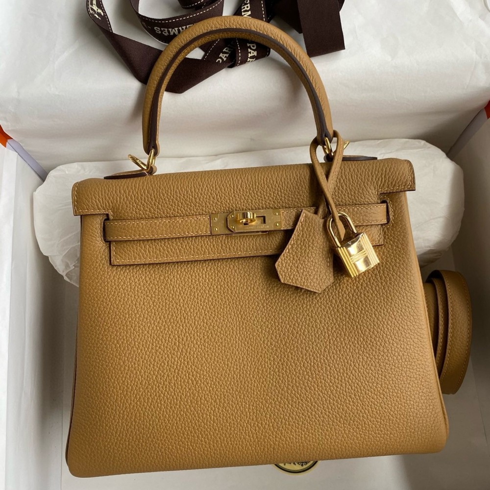 Hermes Kelly Retourne 25 Handmade Bag In Biscuit Clemence Leather LDBS242624