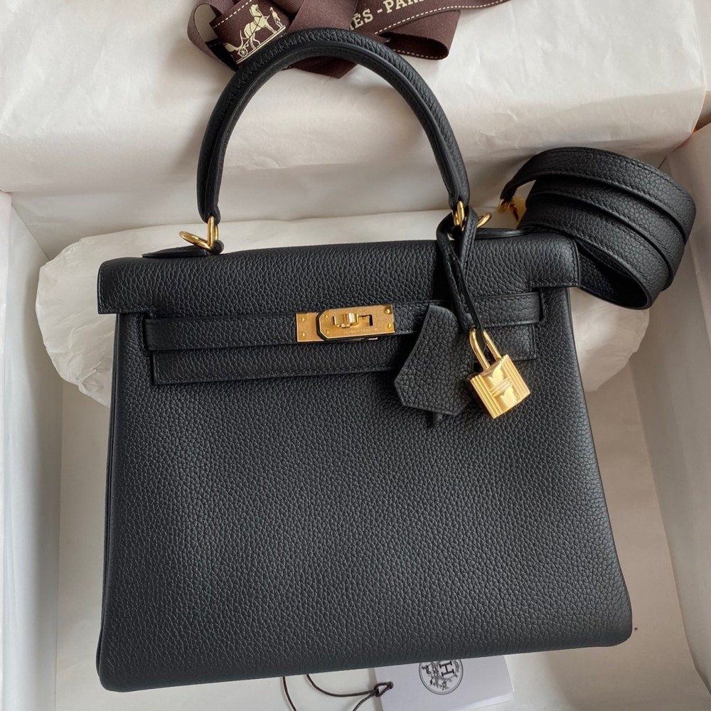 Hermes Kelly Retourne 25 Handmade Bag In Black Clemence Leather LDBS242625