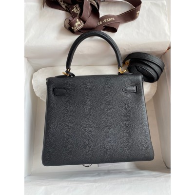 Hermes Kelly Retourne 25 Handmade Bag In Black Clemence Leather LDBS242625