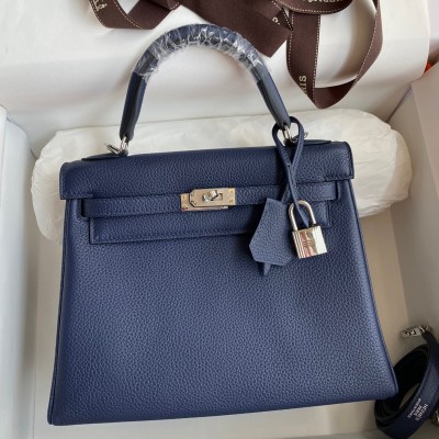 Hermes Kelly Retourne 25 Handmade Bag In Blue Saphir Clemence Leather LDBS242627