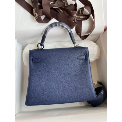 Hermes Kelly Retourne 25 Handmade Bag In Blue Saphir Clemence Leather LDBS242627