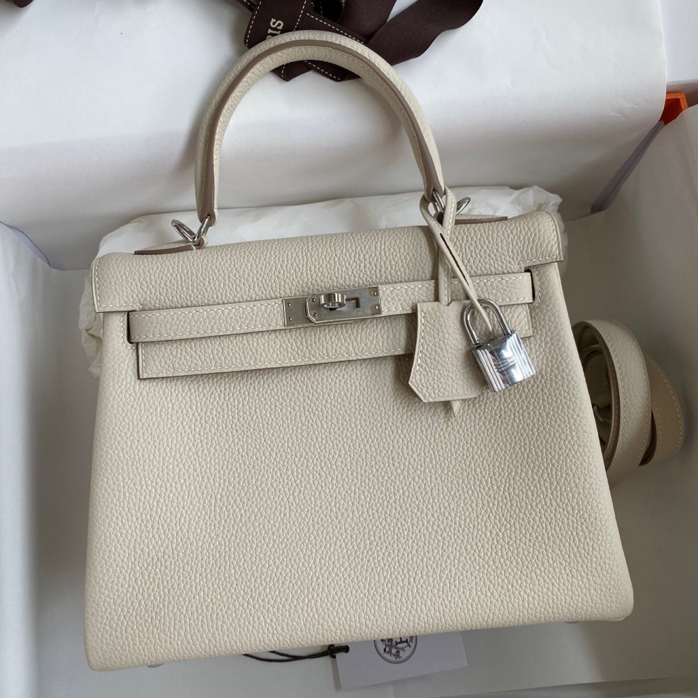 Hermes Kelly Retourne 25 Handmade Bag In Craie Clemence Leather LDBS242628