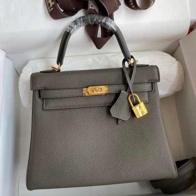 Hermes Kelly Retourne 25 Handmade Bag In Etain Clemence Leather LDBS242630