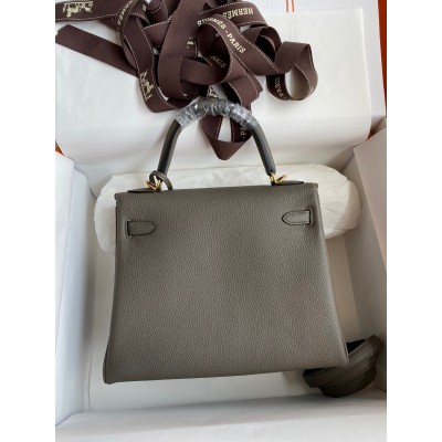 Hermes Kelly Retourne 25 Handmade Bag In Etain Clemence Leather LDBS242630