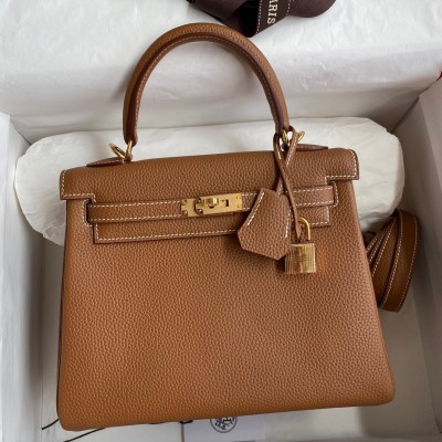 Hermes Kelly Retourne 25 Handmade Bag In Gold Clemence Leather LDBS242632