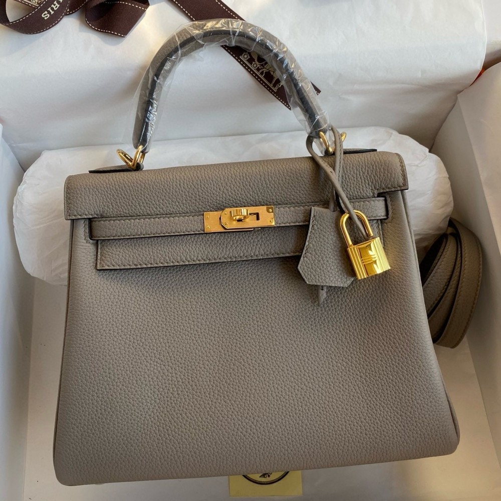 Hermes Kelly Retourne 25 Handmade Bag In Gris Meyer Clemence Leather LDBS242634