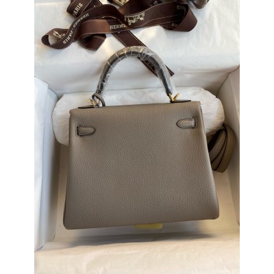 Hermes Kelly Retourne 25 Handmade Bag In Gris Meyer Clemence Leather LDBS242634