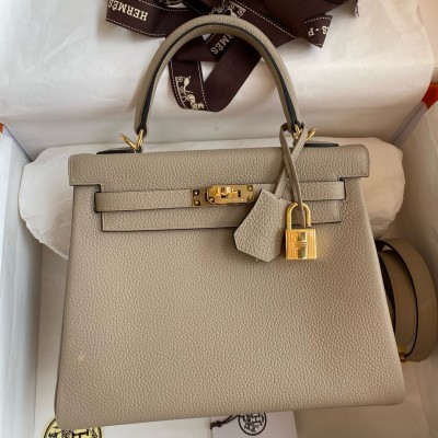 Hermes Kelly Retourne 25 Handmade Bag In Gris Tourterelle Clemence Leather LDBS242635