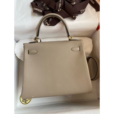 Hermes Kelly Retourne 25 Handmade Bag In Gris Tourterelle Clemence Leather LDBS242635