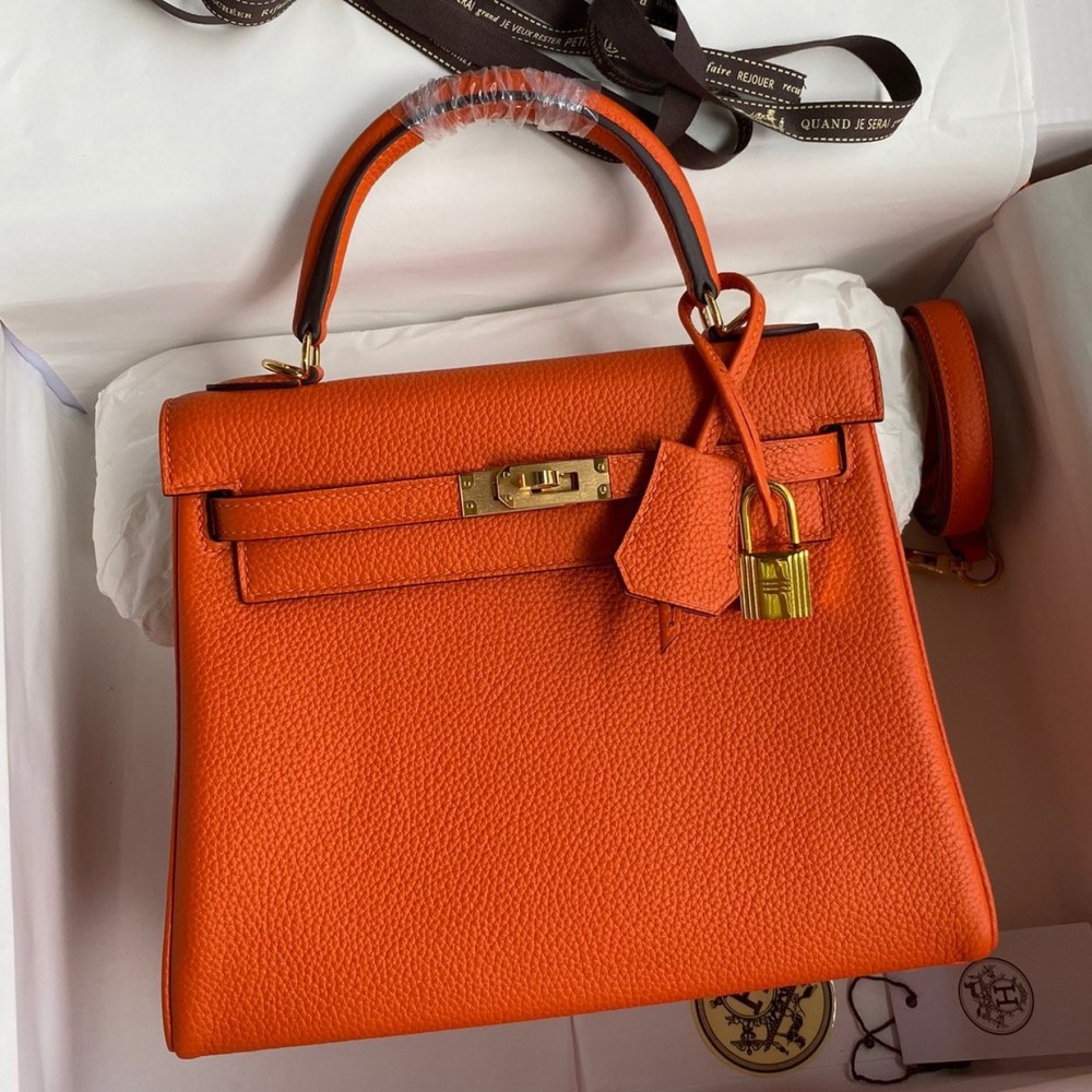 Hermes Kelly Retourne 25 Handmade Bag In Orange Clemence Leather LDBS242639