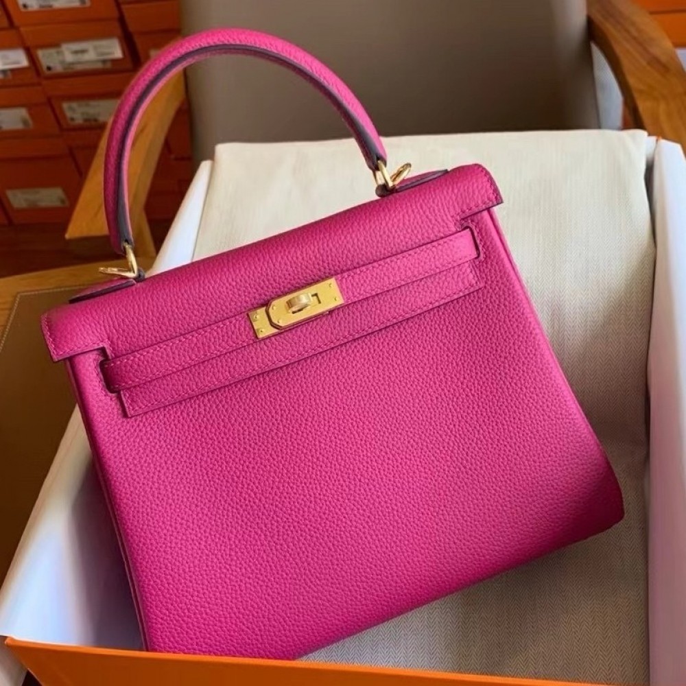 Hermes Kelly Retourne 25 Handmade Bag In Rose Purple Clemence Leather LDBS242641