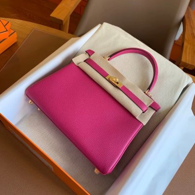 Hermes Kelly Retourne 25 Handmade Bag In Rose Purple Clemence Leather LDBS242641