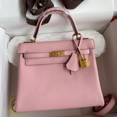 Hermes Kelly Retourne 25 Handmade Bag In Rose Sakura Clemence Leather LDBS242642