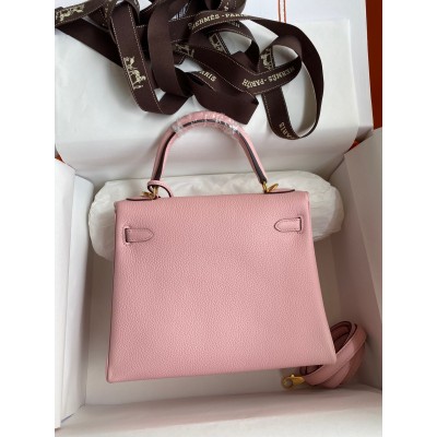 Hermes Kelly Retourne 25 Handmade Bag In Rose Sakura Clemence Leather LDBS242642