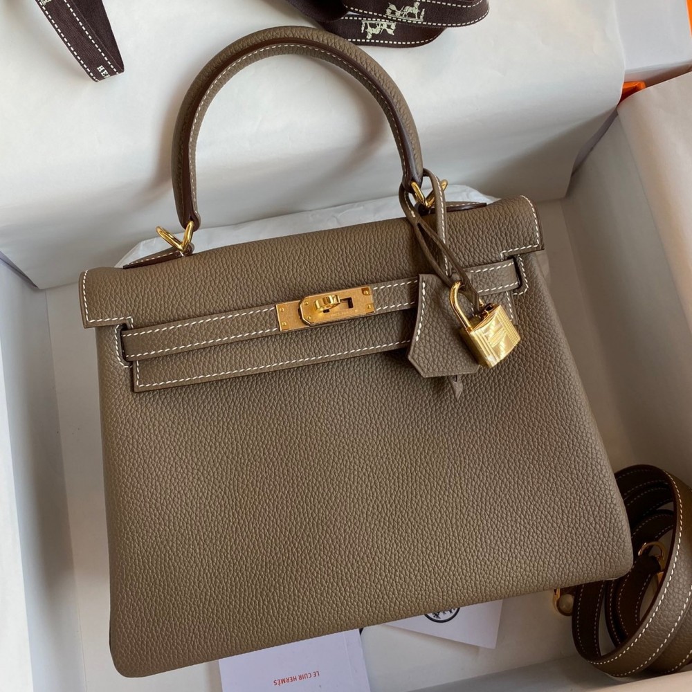 Hermes Kelly Retourne 25 Handmade Bag In Taupe Clemence Leather LDBS242644