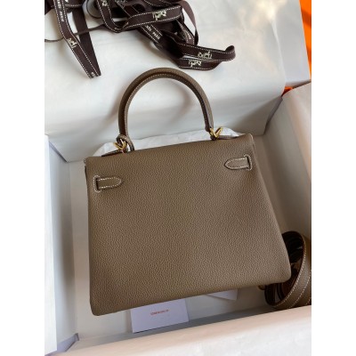 Hermes Kelly Retourne 25 Handmade Bag In Taupe Clemence Leather LDBS242644