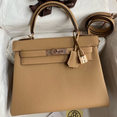 Hermes Kelly Retourne 28 Handmade Bag In Chai Clemence Leather LDBS242648