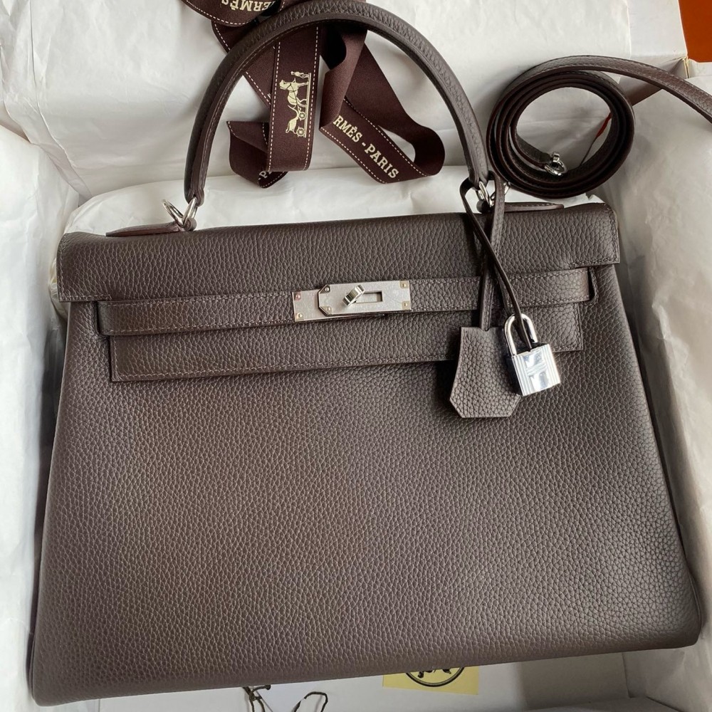 Hermes Kelly Retourne 32 Handmade Bag in Chocolat Clemence Leather LDBS242652