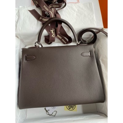 Hermes Kelly Retourne 32 Handmade Bag in Chocolat Clemence Leather LDBS242652