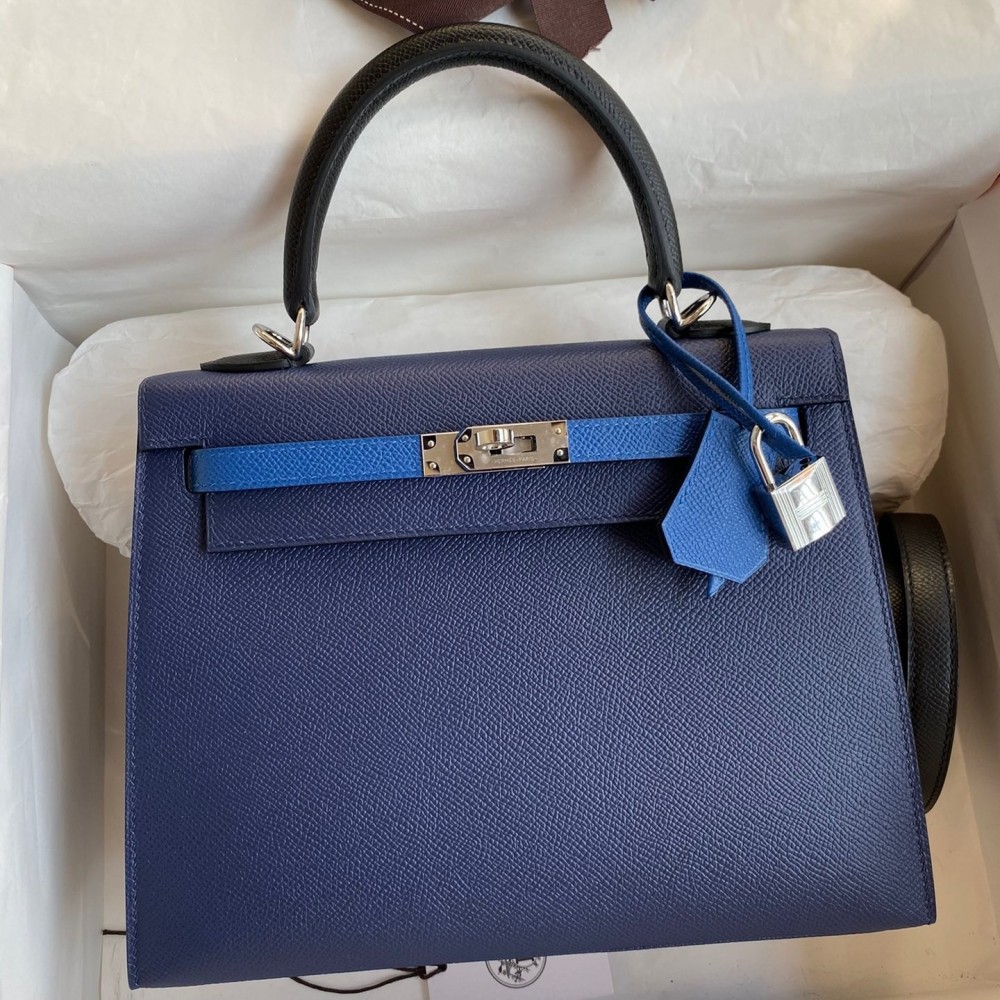 Hermes Kelly Sellier 25 Bicolor Bag in Blue Saphir and Blue France Epsom Calfskin LDBS242655