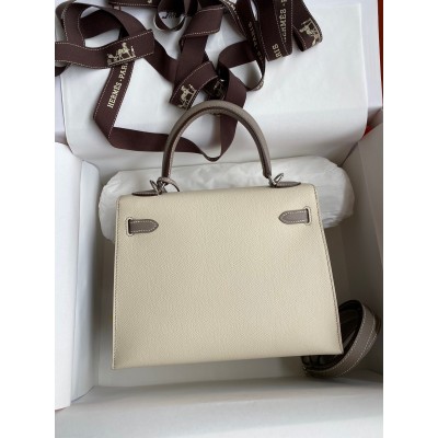 Hermes Kelly Sellier 25 Bicolor Bag in Craie and Gris Asphalt Epsom Calfskin LDBS242656