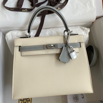 Hermes Kelly Sellier 25 Bicolor Bag in Craie and Gris Mouette Epsom Calfskin LDBS242657