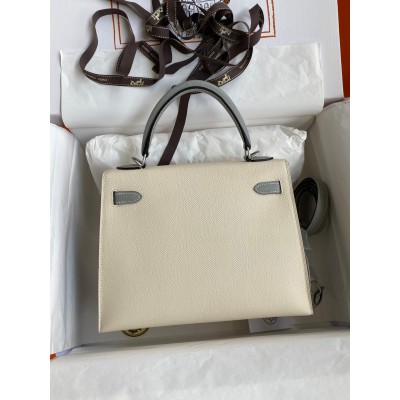 Hermes Kelly Sellier 25 Bicolor Bag in Craie and Gris Mouette Epsom Calfskin LDBS242657