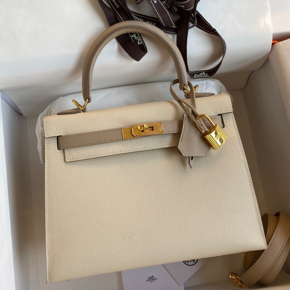 Hermes Kelly Sellier 25 Bicolor Bag in Craie and Trench Epsom Calfskin LDBS242658