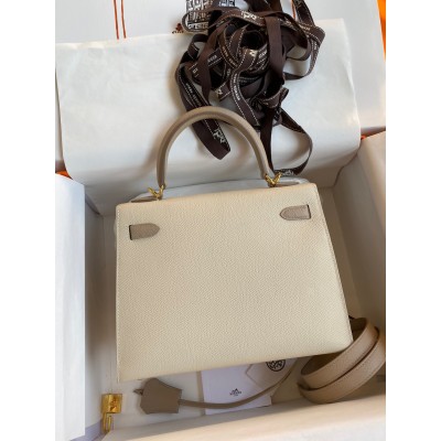 Hermes Kelly Sellier 25 Bicolor Bag in Craie and Trench Epsom Calfskin LDBS242658