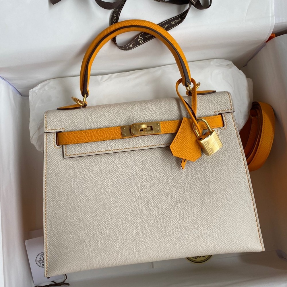 Hermes Kelly Sellier 25 Bicolor Bag in Craie and Yellow Epsom Calfskin LDBS242659