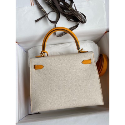 Hermes Kelly Sellier 25 Bicolor Bag in Craie and Yellow Epsom Calfskin LDBS242659