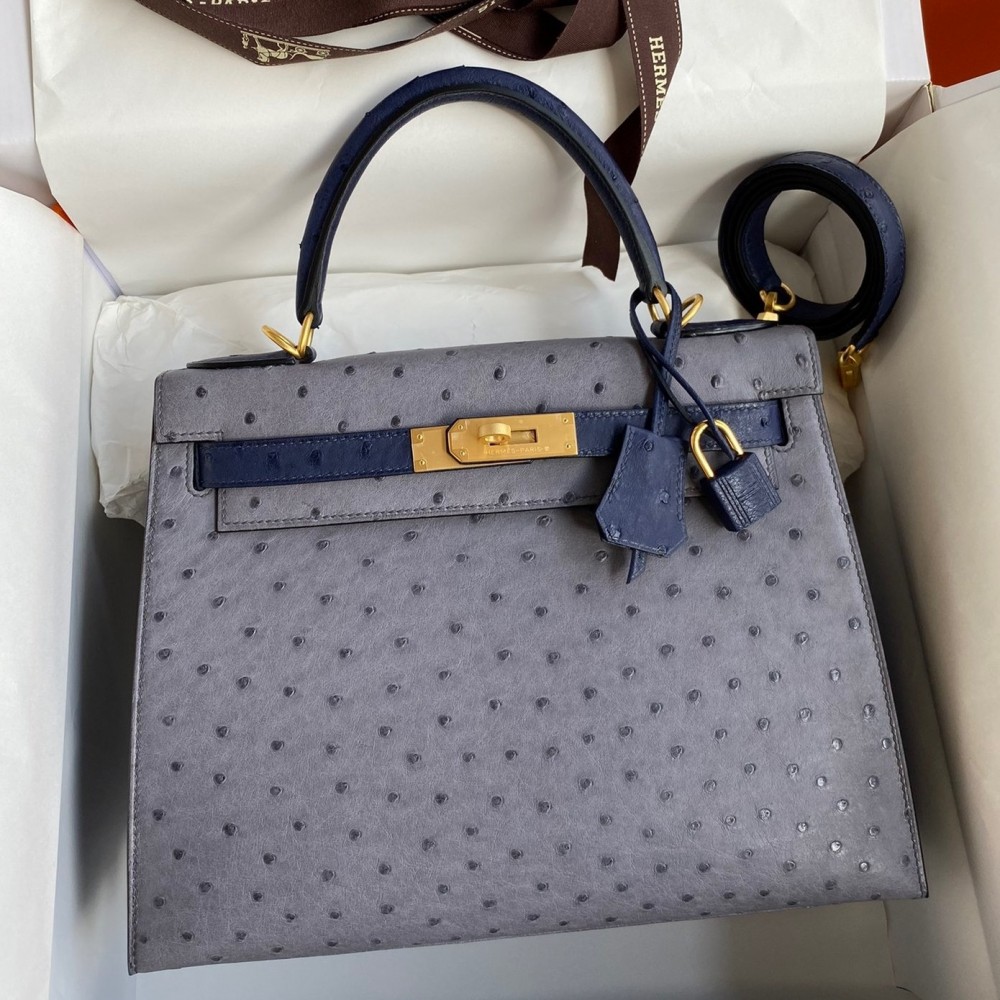 Hermes Kelly Sellier 25 Bicolor Bag in Gris Agate and Blue Ostrich Leather LDBS242660