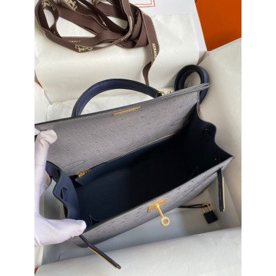 Hermes Kelly Sellier 25 Bicolor Bag in Gris Agate and Blue Ostrich Leather LDBS242660